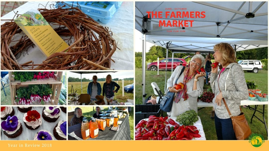 collage of photos featuring shoppers and vendors at the farmers' market