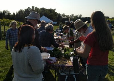 people gathered around a potluck table