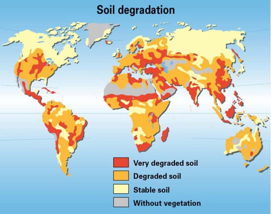 map of the world, showing areas of soil degradation