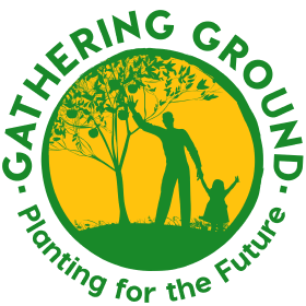 Gathering Ground logo: circular icon shows a silhouette of an adult and a child holding hands and picking fruit from a tree. Text reads "Gathering Ground: Planting for the future"